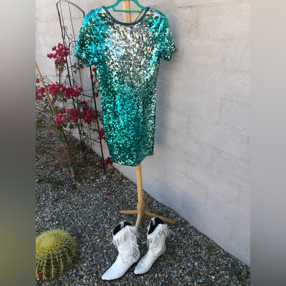 Vintage mini teal silver ombré beaded and sequin mini dress - Picture 4 of 14